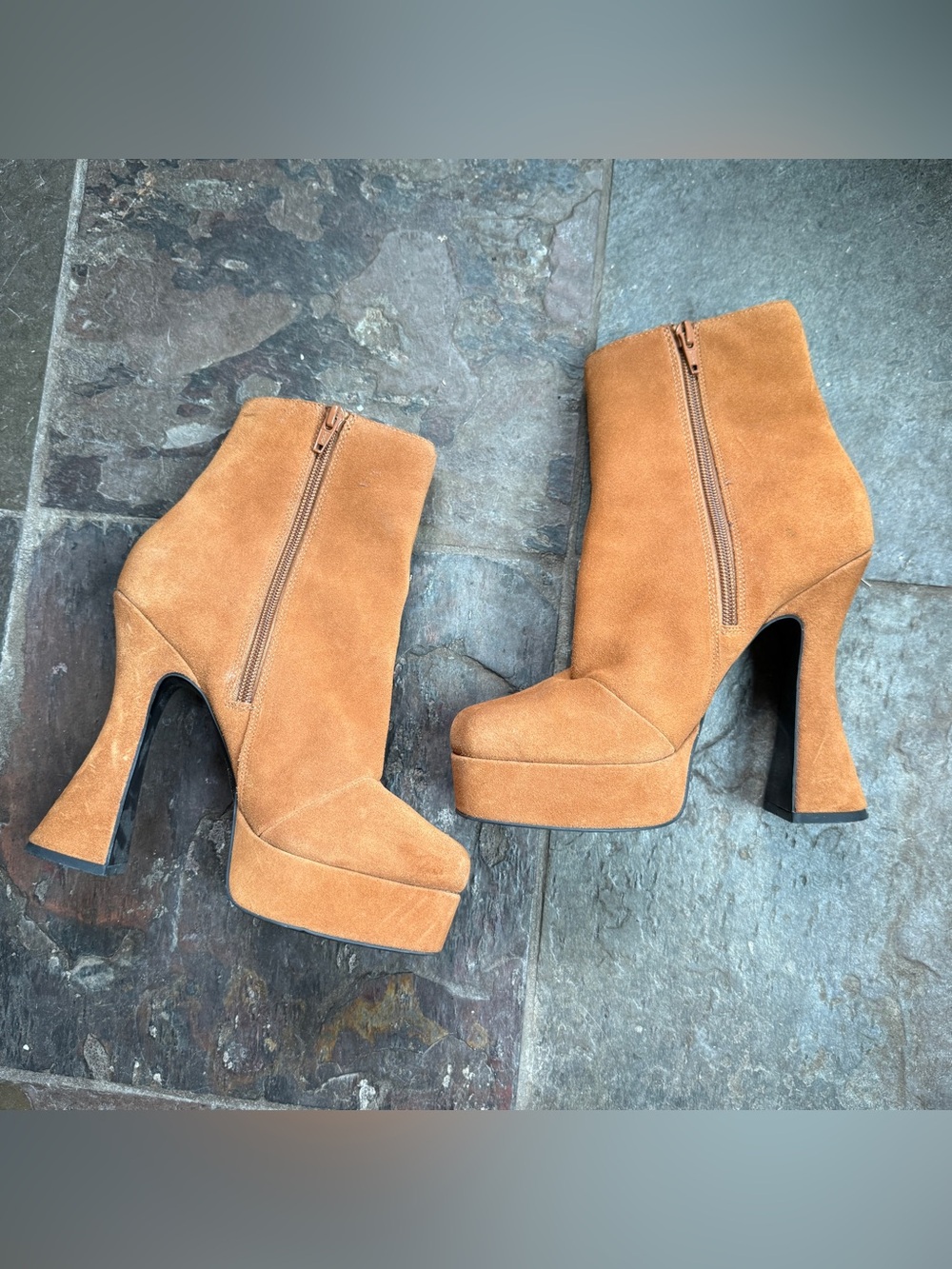 ASOS Tan Suede Platform Flared Heel Ankle Boots | 70s Bohemian Vintage Style